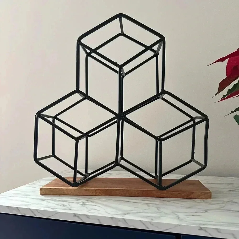 Wooden and metal bottle holder holds 9 bottles geometric shaped NWOT